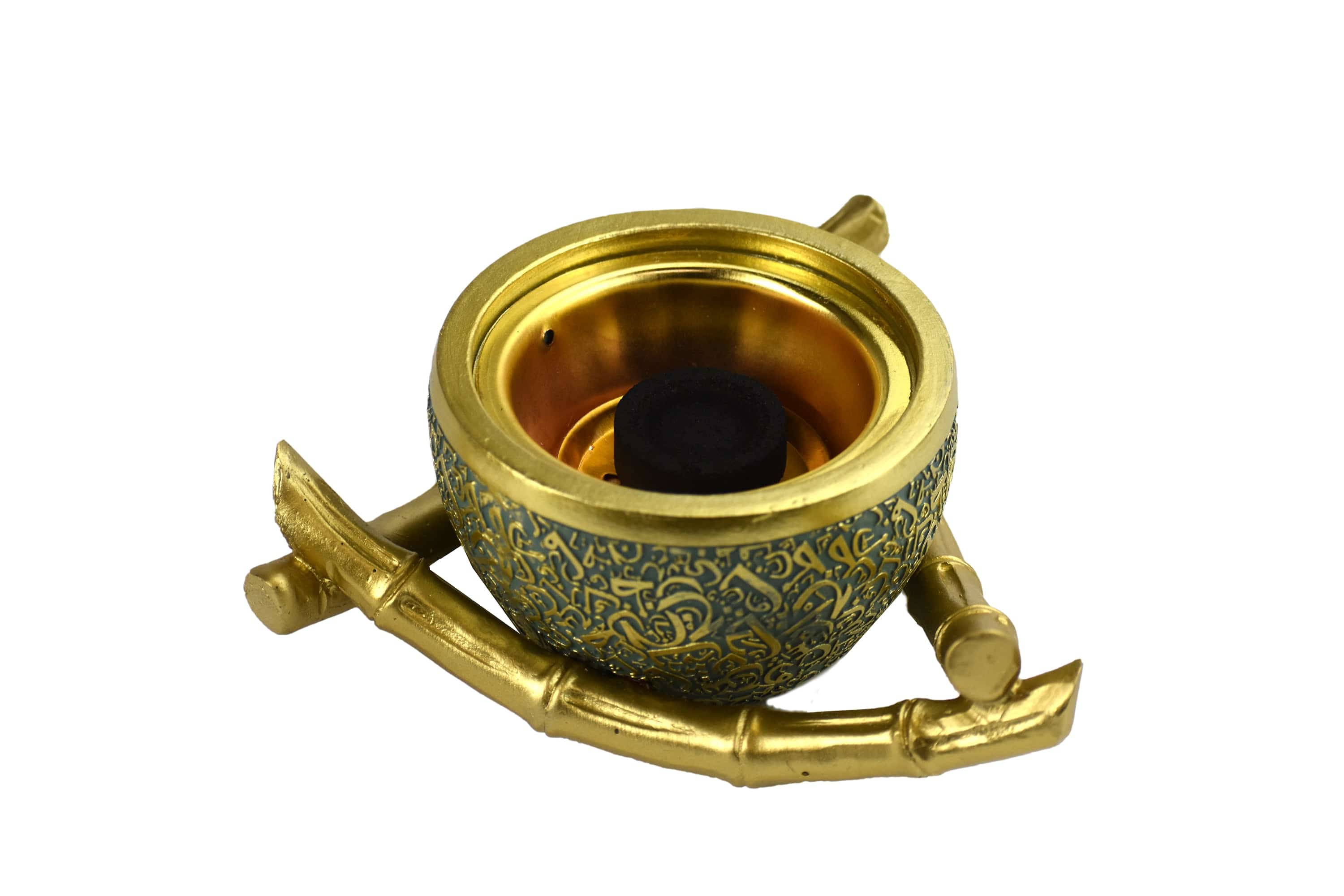 Bamboo Triangle Arabic Script Incense Bakhoor Burner - Teal and Gold - Image 3