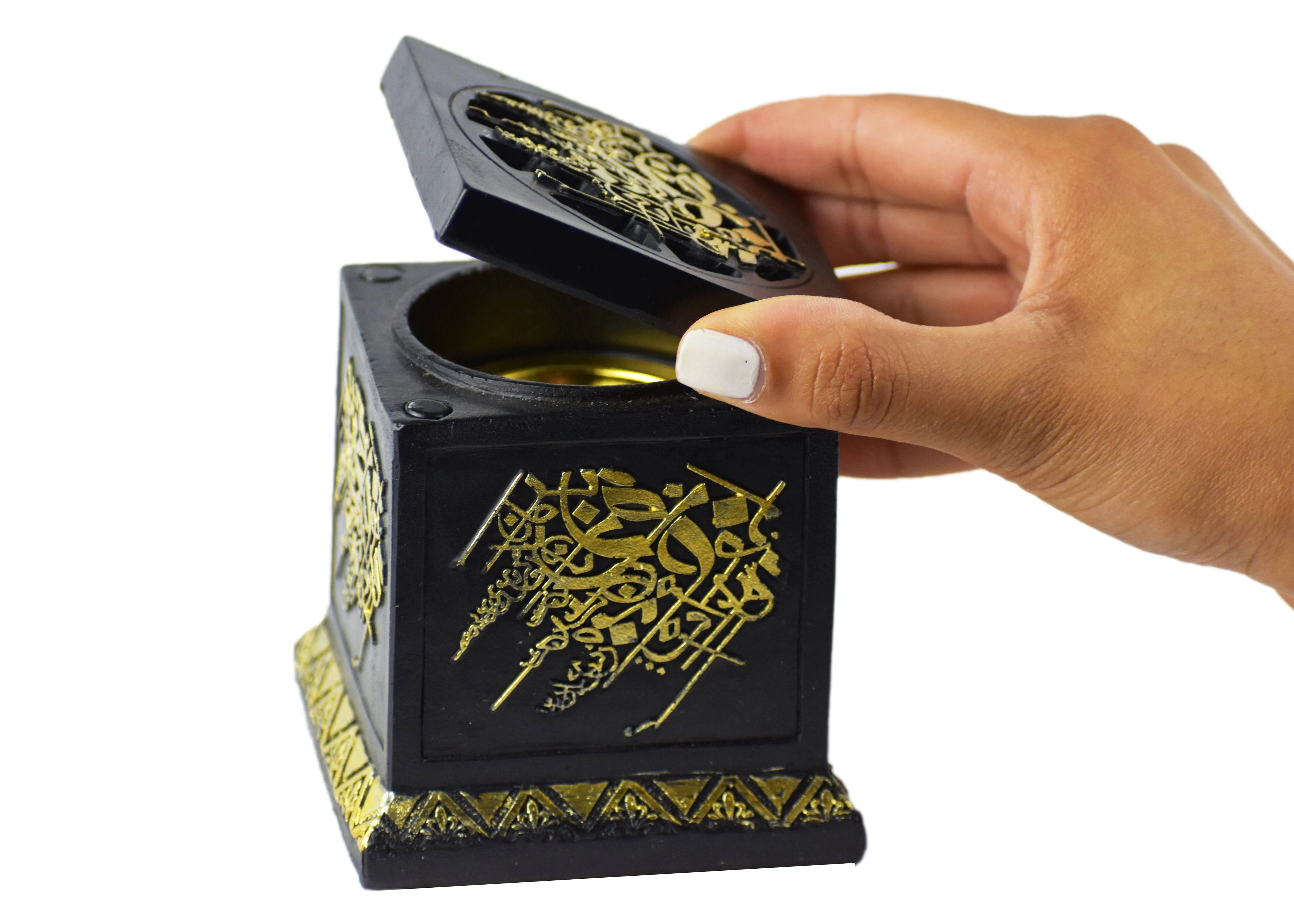Calligraphy Cube Style Closed Incense Bakhoor Burner- Black - Image 2