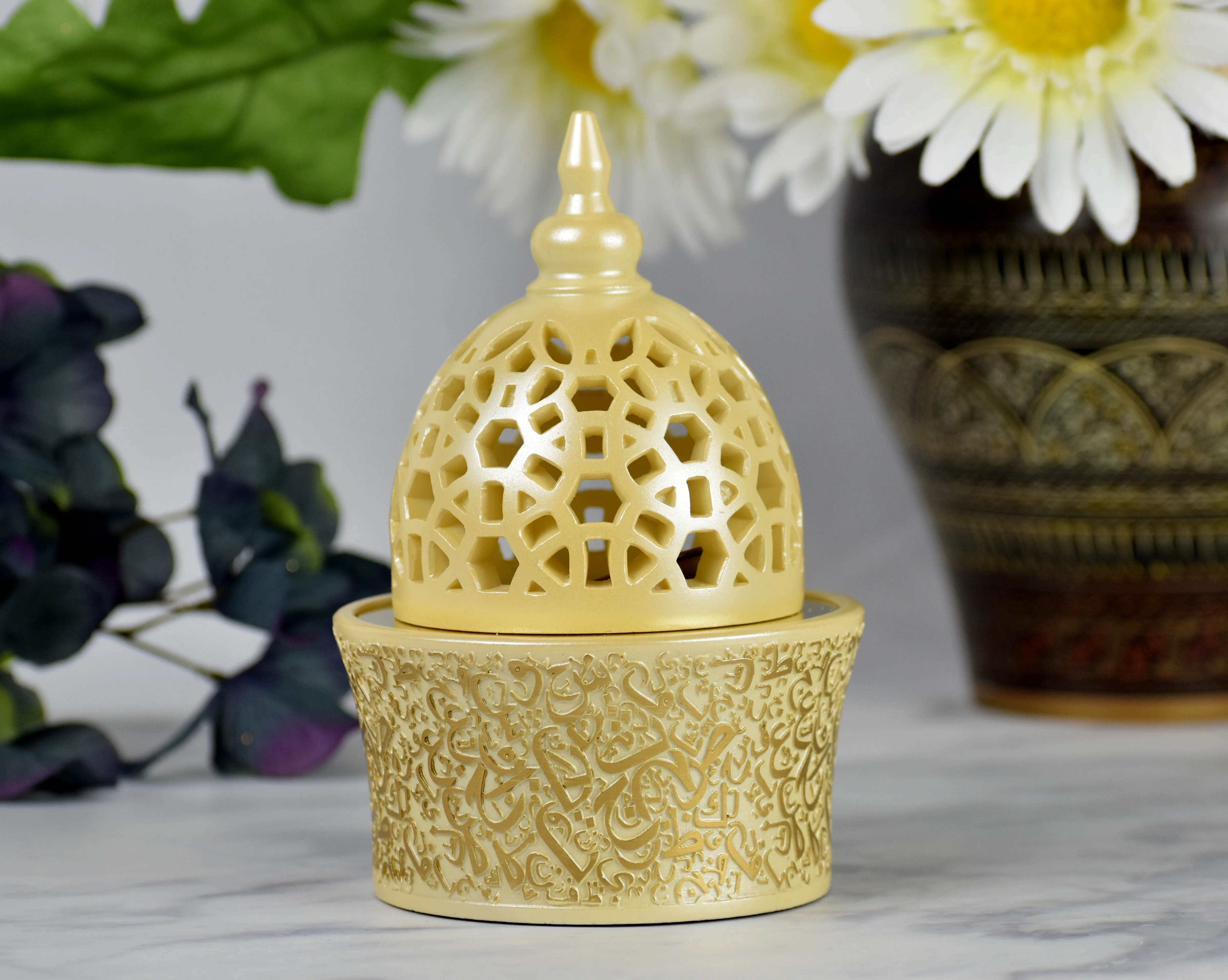 Calligraphy Style Closed Incense Bakhoor Burner - Beige - Image 4