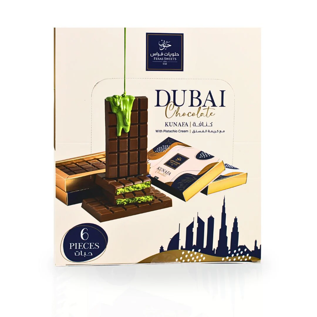 Dubai Kunafa Chocolate Bar 200GMS By Feras Sweets | Rich Chocolate, Creamy Pistachio, Crispy Kunafa, The Viral Dubai Chocolate (BOX OF 6) - Image 9