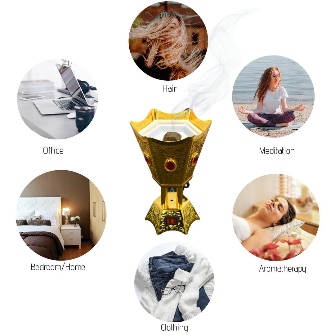 Metalic Ruby Gold Hexagon Shaped Electric Incense Bakhoor Burner by Intense Oud - Image 6