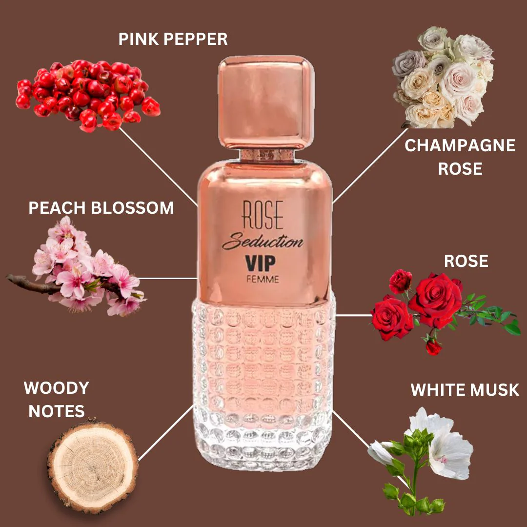 Rose Seduction VIP Pour Femme Eau De Parfum Spray 100ML (3.4 OZ) By Maison Alhambra | A Sparkling Blend Of Floral Elegance With A Warm, Musky & Woody Finish. - Image 4